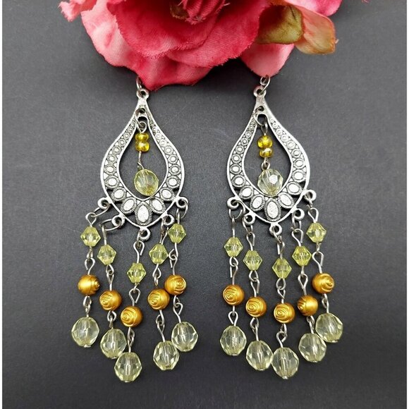 Boho Hippie Statement Earrings 4" Dangle Silver Tone & Beaded Tiny Rose Accents - Picture 1 of 7